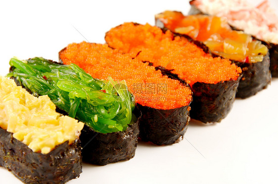 隔离的寿司套件食物章鱼菜单蟹卵午餐风格沙拉螃蟹美食鱼卵图片