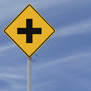 跨部门问题黄色蓝色钻石路标标志交通警告十字标记天空图片