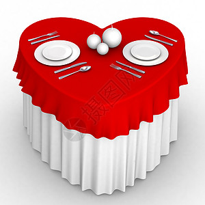 3d 心脏表织物红色勺子盘子餐厅蜡烛桌子食物白色图片