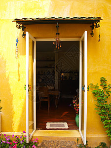 黄色房子墙 门和花敞开入口花瓶照明墙纸小地毯背景住宅木头图片