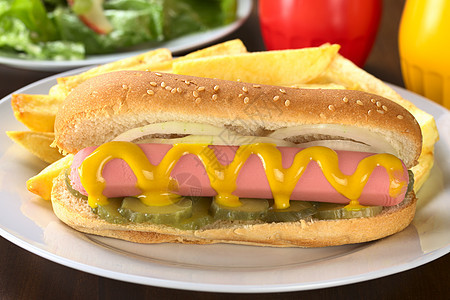 法式薯条热狗摄影面包芝麻食物洋葱包子调味品水平小吃香肠图片