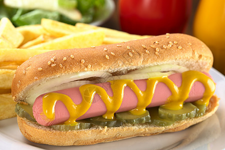 法式薯条热狗摄影面包食物芝麻水平小吃香肠洋葱包子调味品图片