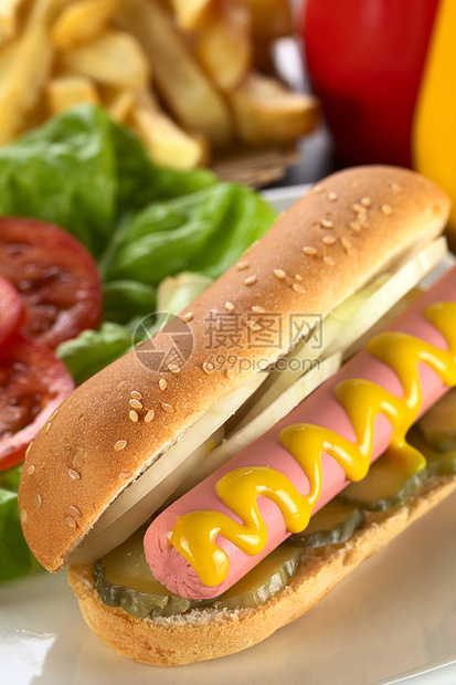 法式薯条热狗香肠面包小吃芝麻包子食物摄影洋葱调味品图片