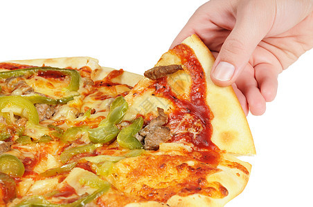 手头有披萨和薄饼菠萝食物盐渍猪肉美食手臂送货午餐面团脆皮图片