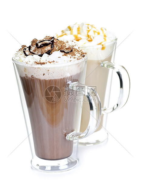 热巧克力和咖啡饮料玻璃可可鞭打褐色巧克力糖浆焦糖牛奶棕色拿铁图片