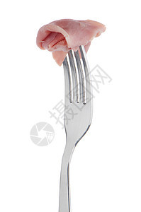 火腿的切片在叉子上被割断粉色小吃猪肉白色倾斜饮食熏制生物图片