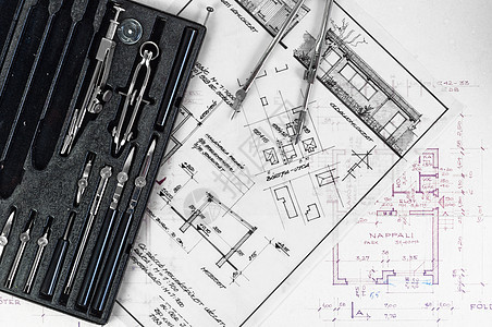 附有附件的建筑计划建造计划草图打印乐器房子照片生活罗盘工具建筑学蓝图图片