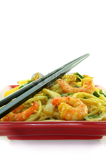 面食加亚虾虾炒锅盘子大葱筷子美食竹笋食物炒面炒菜蔬菜图片