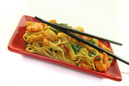 面食加亚虾虾盘子蔬菜筷子炒锅竹笋绿色炒面美食大葱食物图片