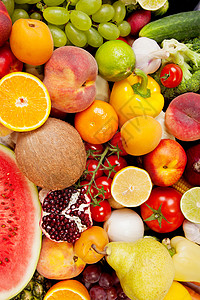 大量新鲜蔬菜和水果大群收藏李子胡椒香蕉椰子食物橙子醋栗浆果石榴石图片