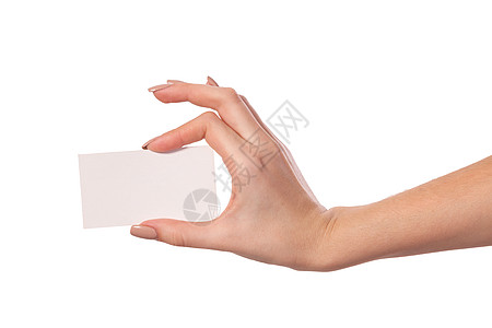 商业女商务人士手持空白名片的名片卡片展示女孩女性问候语文档推介会手势笔记手指图片