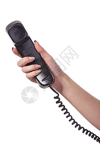 握着旧黑电话管的手听筒服务管子女士网络说话电缆女性热线商业图片