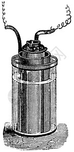 Daniell 电池或重力电池老旧雕刻蚀刻硫酸乌鸦艺术电气草图活力硫酸盐发明化学图片