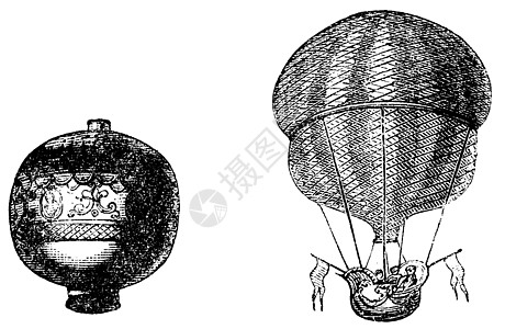 第一个气球或热气球 旧式雕刻娱乐航班艺术品绘画空气艺术篮子运输蚀刻古董图片