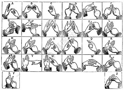 双手手工用字母法老式雕刻手势艺术品手指艺术插图表现力蚀刻学习语言知识图片
