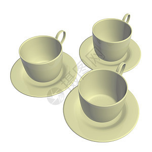陶瓷茶杯和酱汁 3D插图白色饮料制品咖啡店黄色茶碗杯子厨房餐具咖啡图片