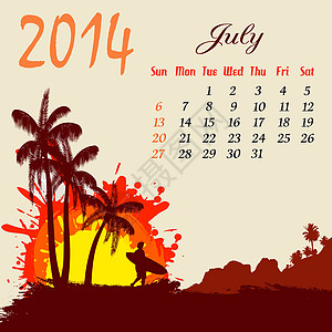 2014年7月日历冲浪者太阳插图海滩海浪橙子棕榈问候语冲浪绘画图片