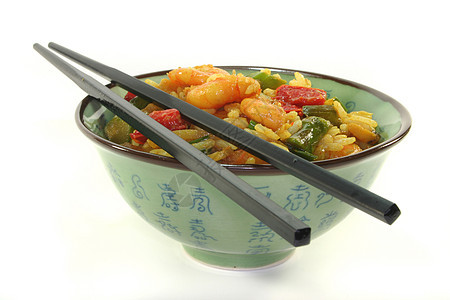 稻米加亚洲虾虾炒菜香菜美食炒面蔬菜香米炒锅盘子食物大葱图片