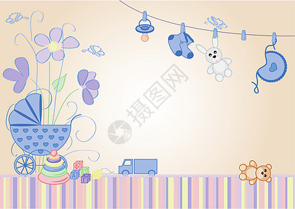 儿童背景  一名男孩玩具熊儿子婴儿玩具摇篮男生新生蝴蝶花朵分娩图片