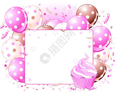 气球卡横幅粉色卡片邀请函庆典女孩插图生日纸屑派对图片