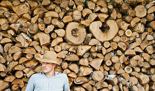 木头上戴草帽的木板匠男性休息力量木材工作稻草活力木工人木匠斧头图片