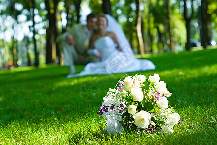 婚礼花束未婚夫草地新娘丈夫妻子花朵夫妻女性玫瑰裙子图片