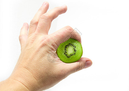 一只手握着白色背景的kiwi水果香气男人反射绿色手指奇异果蔬菜食物皮肤图片