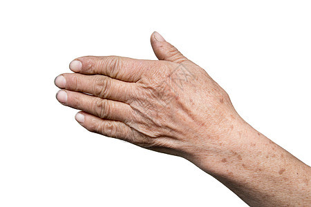 奶奶的手在白色背景上宏观老年祖母退休身体老化女性拇指手指棕榈图片