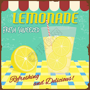柠檬水海报复古水果插图徽章生物饮料背景标签横幅图片