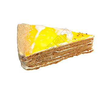 白背景上孤立的橙色蛋糕糖浆水果营养健康馅饼绿色小吃甜点白色小屋图片