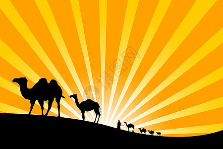 沙漠中的车队日落墙纸骆驼天空男人线条柱子艺术品插图单峰图片