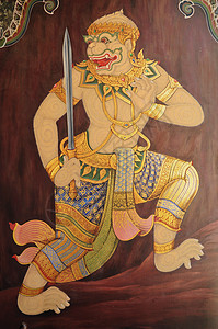 画在泰国寺庙的一座寺庙上恶魔艺术堡垒文化场景监护人绘画金子壁画传统图片