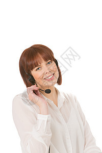 微笑的女人用耳机说话背景图片