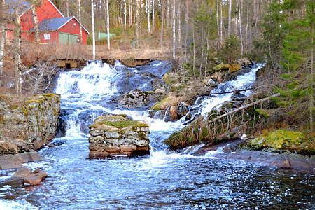 小型瀑水磨坊溪流树木积木岩石石桥图片