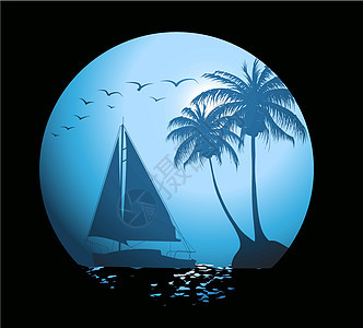夏季背景 有棕榈树和游艇海景阴影天堂波浪沿海天空蓝色假期海洋岛屿图片