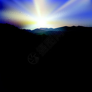 日落和山丘的抽象背景森林天空蓝色阳光公园顶峰岩石橙子太阳地平线图片
