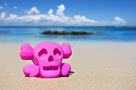 热带海滩上粉红色的沙滩玩具图片