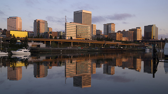 水路Tacoma塔科马市中心海港旅行立交桥日出进口城市文明景观办公图片