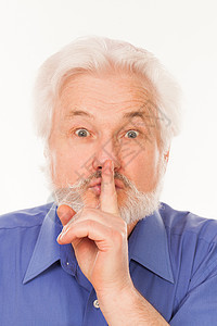 嘴唇有手指的老人老年胡子祖父灰色白色男人男性头发胡须图片