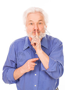 嘴唇有手指的老人头发男人老年祖父灰色胡须男性胡子白色图片