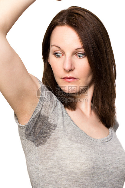 女人在肩膀下流汗非常糟糕手势汗斑女性状况手指女士棕色头发成人尴尬图片