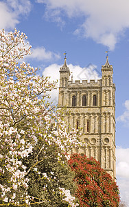 Exeter大教堂建筑学玉兰多云钟楼花丝建筑教会花瓣窗户旗帜图片