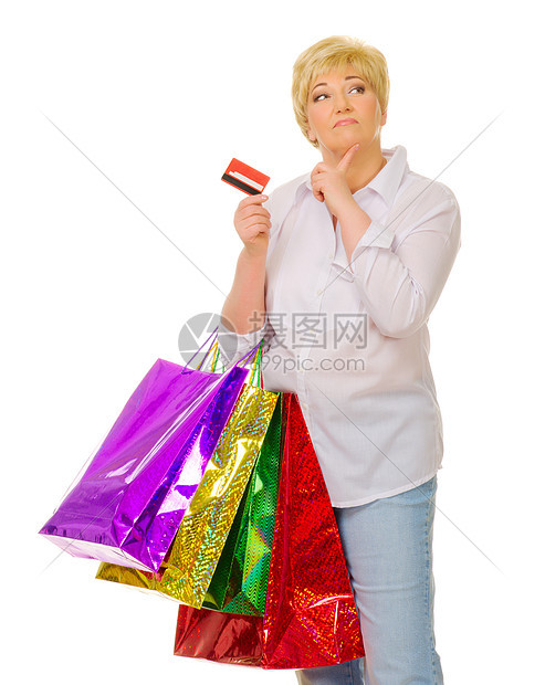 带袋袋和信用卡的高级妇女卡片成人零售顾客退休快乐衣服信用礼物女性图片