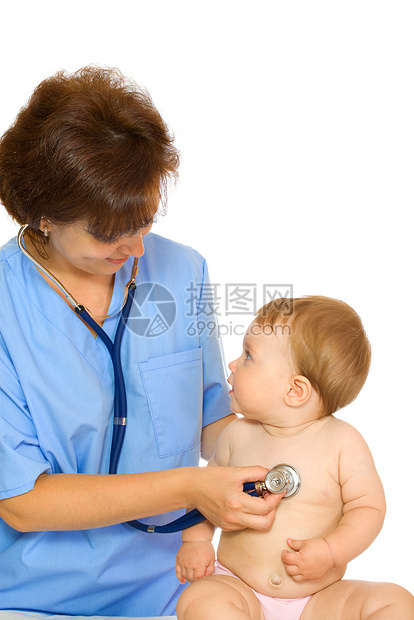 医生的听诊器和小笑笑婴儿与6号隔离图片