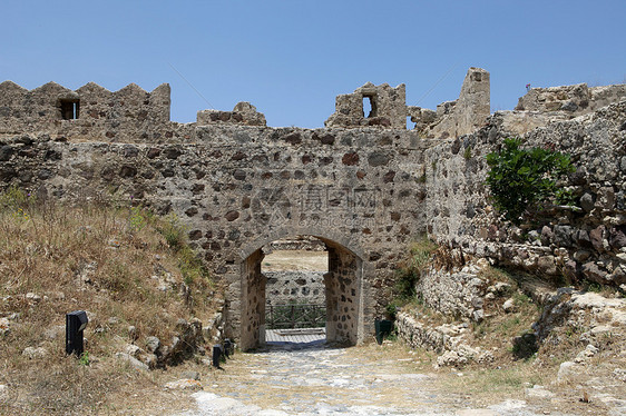 Antimachia村附近的威尼斯城堡的废墟石头建筑古董场地建筑学天空骑士图片