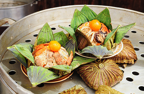 茶饭 莲叶里大米食谱装饰叶子美食火炉木炭烹饪金属蒸汽文化图片