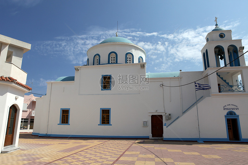 卡尔达梅纳度假胜地和科斯岛港口教堂建筑学城市白色立面蓝色街道地标主路图片