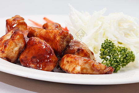 照烧鸡肉烹饪小吃棕色美食蔬菜味道香菜午餐食物盘子图片
