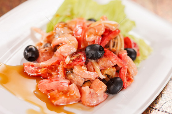 带沙拉虾的沙拉午餐叶子绿色香料营养食物饮食盘子低脂肪蔬菜图片