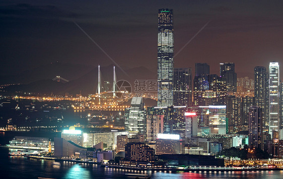 晚上在香港旅行建造日落玻璃商业办公室建筑天际市中心蓝色图片